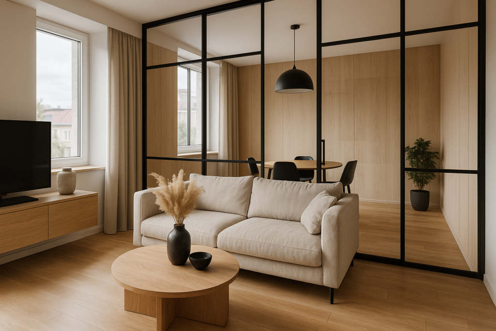 Nowoczesne wnętrze z drzwiami szklanymi i przezroczystą ścianką działową w stylu loft